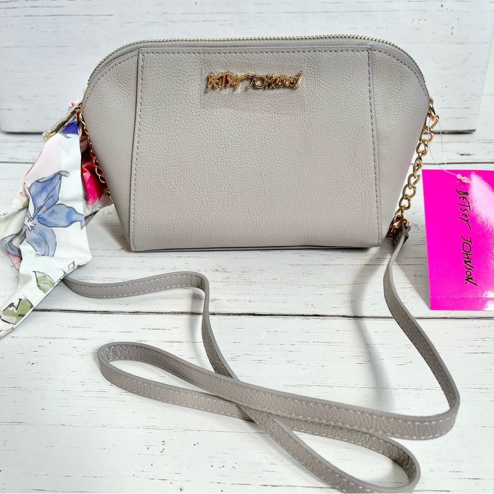 Betsey Johnson XO Anaya grey crossbody bag with scarf and chain strap - new
